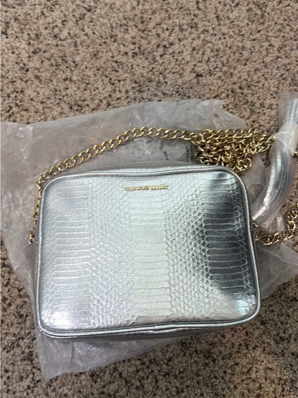 Victoria's Secret Metallic Silver Croc-Embossed Crossbody with Gold Chain Strap